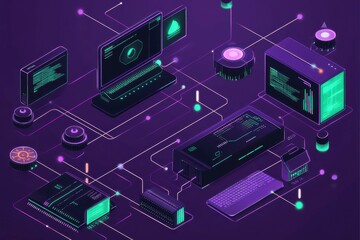 Poster - Technology environment showcasing futuristic computer equipment and interconnected devices in a digital workspace