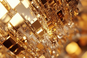 Poster - Golden geometric abstract structures create a dynamic visual experience with depth and reflections