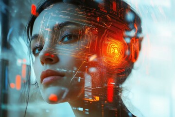Poster - Woman with digital overlay in futuristic setting gazes thoughtfully while surrounded by technology
