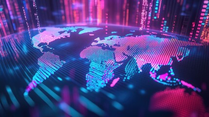 Poster - Global network data streams flow, digital world map, futuristic background