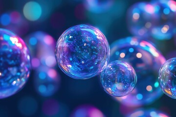 Poster - Colorful and vibrant bubbles floating in a dreamy background of blues and purples