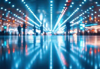Poster - Abstract image depicting a vibrant urban scene with dynamic light trails and reflections on a smooth surface, showcasing the movement of people in a busy environment