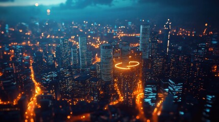 Poster - Night city skyline, glowing network, data flow, urban development, futuristic concept