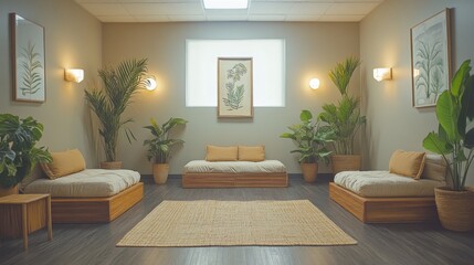 Aufkleber - A tranquil lounge space is enhanced by lush plants and warm lighting. Natural textures dominate the decor, creating a peaceful atmosphere for relaxation.