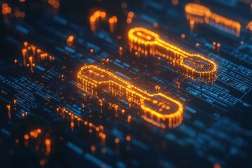Fototapete - Glowing circuit patterns with interconnected links illuminated on a digital background at night