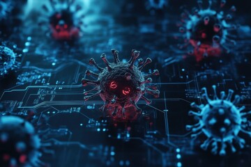 Poster - Digital representation of a virus floating in a high-tech environment with glowing circuits