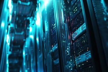 Poster - Advanced data center filled with servers illuminated by blue LED lights during nighttime operations