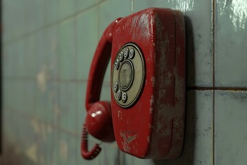 Old telephone handset on the wall in a public building, vintage style