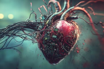 Poster - heart of technology blending organic and mechanical elements in a futuristic setting