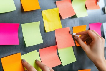 Poster - Hands placing colorful sticky notes on a wall for brainstorming session in a bright office environment