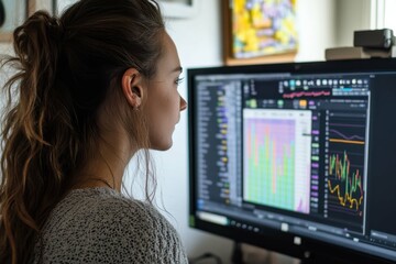 Poster - Young woman analyzing financial data on a computer screen in a modern workspace during the daytime
