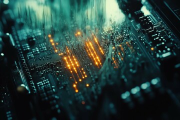 Poster - Close-up view of a circuit board with illuminated components and intricate connections in a dimly lit environment
