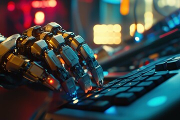 Poster - Robotic hand interacting with a high-tech keyboard in a futuristic setting at night