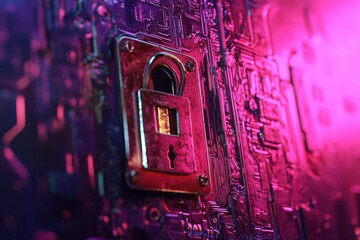 Poster - Intricate lock set against a vibrant circuit board design in a futuristic setting