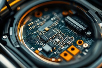 Poster - Detailed view of a complex electronic circuit board showcasing innovative technology in a modern gadget