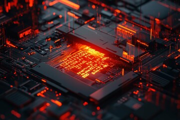 Poster - High-tech circuit board displays glowing data in a futuristic digital environment