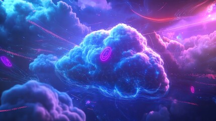 Poster - Futuristic cloud computing network, digital data flow, cosmic background, tech concept