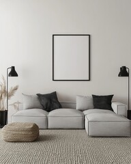 Fototapete - Scandinavian design living room with a light gray sofa, framed poster on the wall, and black lamps.