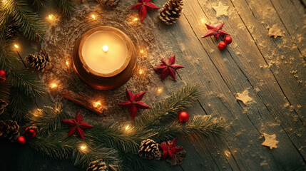 Wall Mural - cozy Christmas scene featuring candle surrounded by festive decorations, including pine branches, red stars, and pine cones, creating warm holiday atmosphere