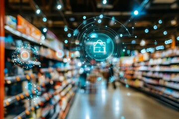 retail marketing channels e-commerce shopping automation concept on blurred supermarket background.,