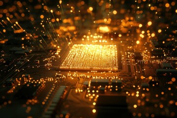 Poster - Illuminated circuit board with glowing microchip and data connections in a modern technology setting