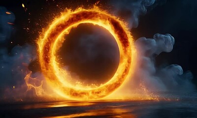 Wall Mural - A glowing fiery ring surrounded by smoke and dark atmosphere, evoking a sense of mystique.