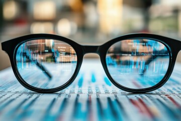 Poster - Modern glasses focus on stock market data with vibrant colors and detailed graphs in a financial setting