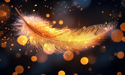 Wall Mural - A glowing feather surrounded by shimmering particles and soft lights, evoking a magical atmosphere.