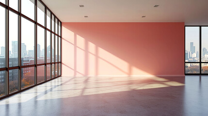 Canvas Print - Modern City View Interior Design: Spacious Room with Pink Wall and Large Windows