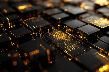 Poster - Advanced digital technology showcases intricate black and gold circuit patterns in a futuristic setting