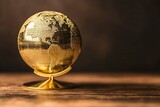 Golden globe sitting on a wooden table showcasing detailed continents and countries under soft lighting
