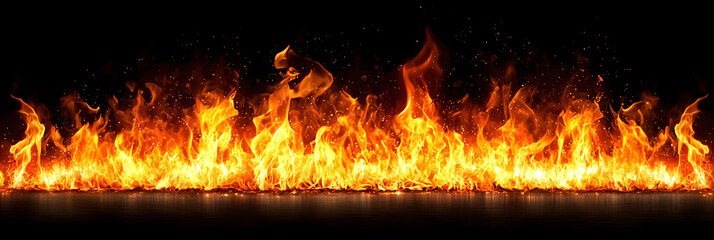 Poster - Intense fire flames dancing dark background visual element dramatic atmosphere close-up energy and destruction