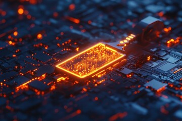 Poster - Intricate electronic circuit with glowing components illuminating a dark background
