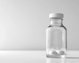 Fototapete - Close-up view of a clear glass supplement bottle mockup with no label, reflecting light.