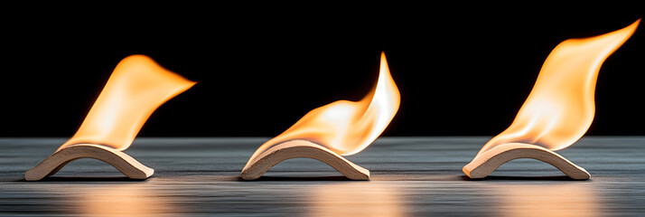 Poster - Dynamic flames on wooden curves studio set abstract photography dark environment close-up view movement concept