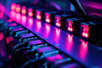 Poster - Colorful lights and cables illuminate the technology setup in a modern workspace at night