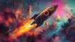 © Prostock-studio - The artwork depicts a rocket soaring upward through a striking blend of colorful clouds in space, surrounded by twinkling stars. The scene captures the excitement and wonder of exploration.