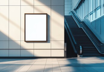 Poster - Minimalistic Interior with Empty Frame on Wall Next to Modern Escalator, Highlighting Urban Design and Versatile Space for Creative Advertisements