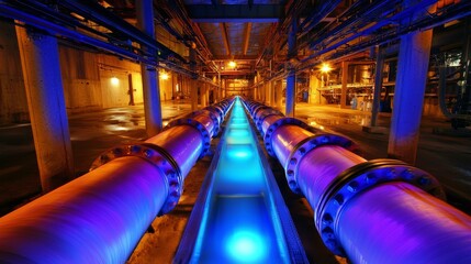 Aufkleber - Illuminated water pipes in industrial setting urban environment night viewpoint modern infrastructure concept