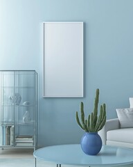 Fototapete - Living room with soft blue walls, blank frame, and a forest cactus in a minimalist vase.
