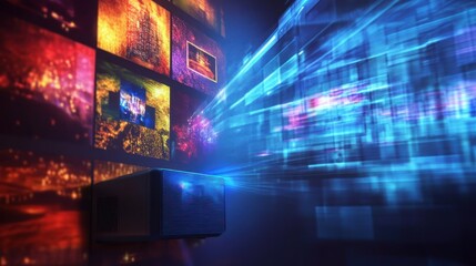 Poster - projector displaying vibrant images, data streams in dark room
