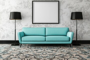 Fototapete - Cozy living area with turquoise loveseat, wall-mounted frame, and modern lamps on a carpeted floor.