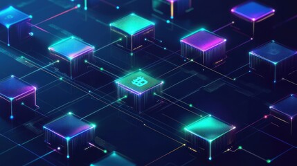 Poster - Blockchain network digital currency glowing cubes circuit background technology