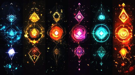 Fototapete - Colorful interconnected geometric symbols with a modern digital art style.