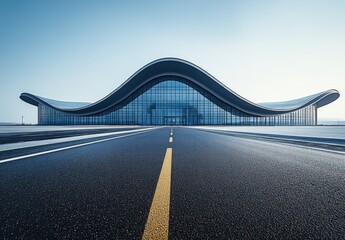 Poster - Modern architectural design of a futuristic building with sweeping curves and large glass facades, surrounded by a sleek asphalt road and open landscape under clear blue sky