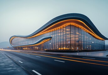 Poster - Modern architectural design of a futuristic glass building with flowing lines and dynamic shapes illuminated by warm light during twilight in a urban setting