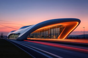 Poster - Modern architectural masterpiece designed with flowing curves and stunning lighting at twilight, showcasing innovation and creativity in urban design
