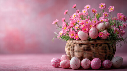 Wall Mural - beautiful basket filled with pink flowers and decorated Easter eggs creates cheerful spring atmosphere. vibrant colors and festive elements evoke joy and celebration