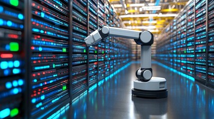 Aufkleber - Robotic arm automating data management data center technology illustration high-tech environment close-up view innovation concept