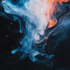 Poster - Abstract Ink Swirl: A mesmerizing blend of cool blues and warm oranges creates a dynamic, abstract ink swirl against a dark background. The image evokes a sense of movement, energy.